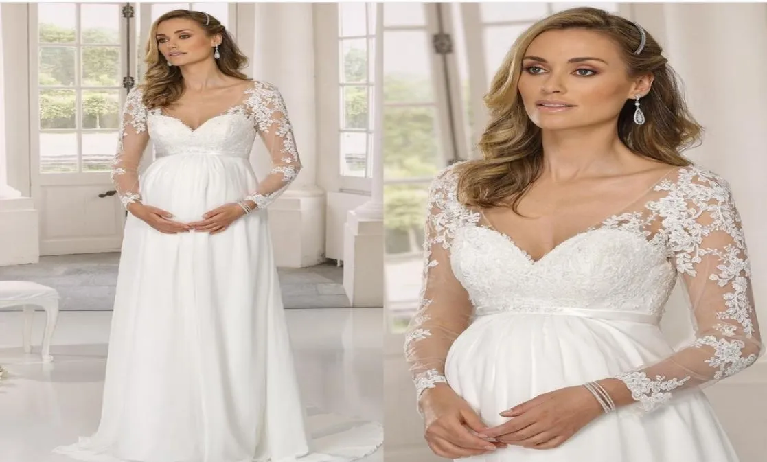 Plage Robe De Mariée Enceinte En Mousseline De Soie Col En V Robes De Mariée Empire À Manches Longues Etage Longueur Dentelle Appliques Robes Robe De Mairee3451366