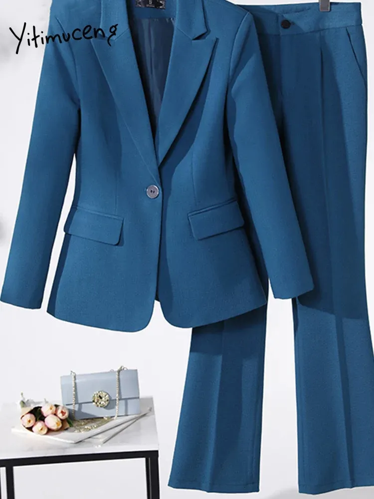 Yitimuceng feminino terno conjuntos de escritório único botão moda entalhado manga longa blazer casaco sólido elegante sino inferior calça conjunto 240327