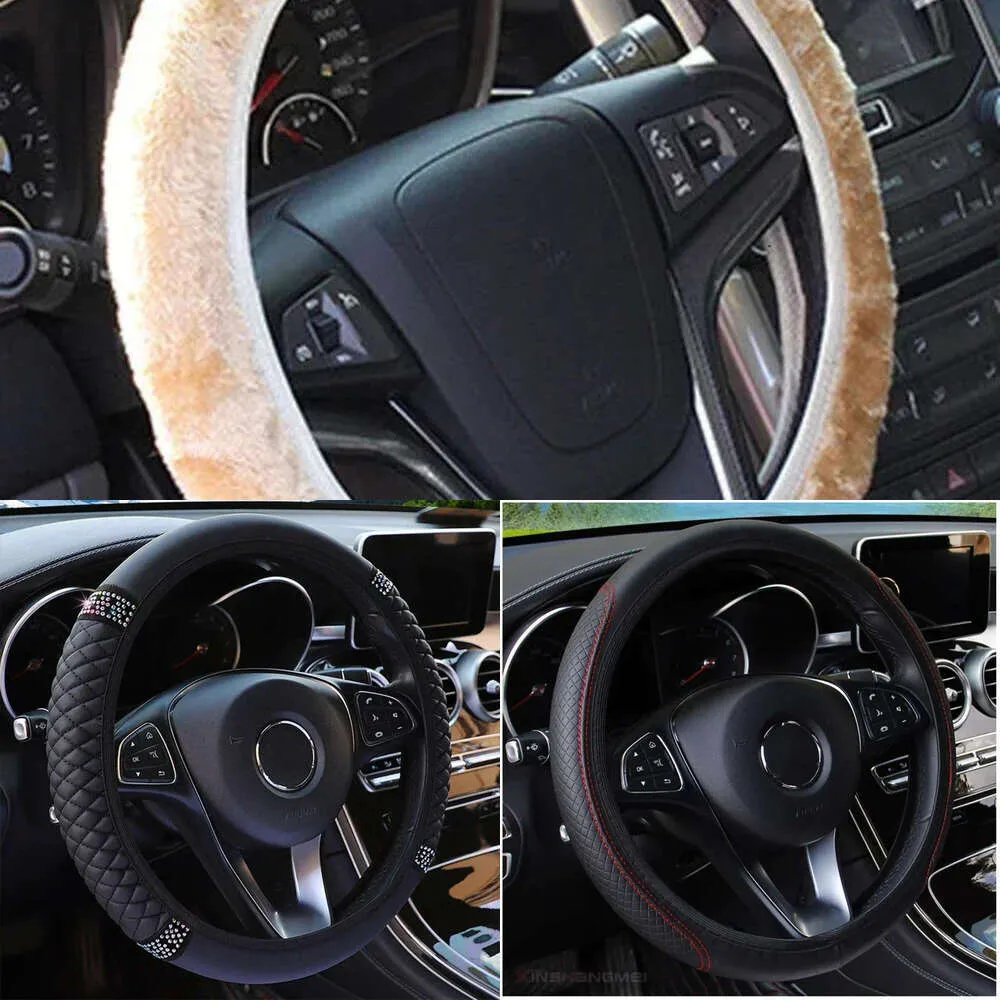 Update Four Seasons Universal Car 37-38Cm Leather Embroidered Color Diamond-Studded Elastic Steering Wheel Cover