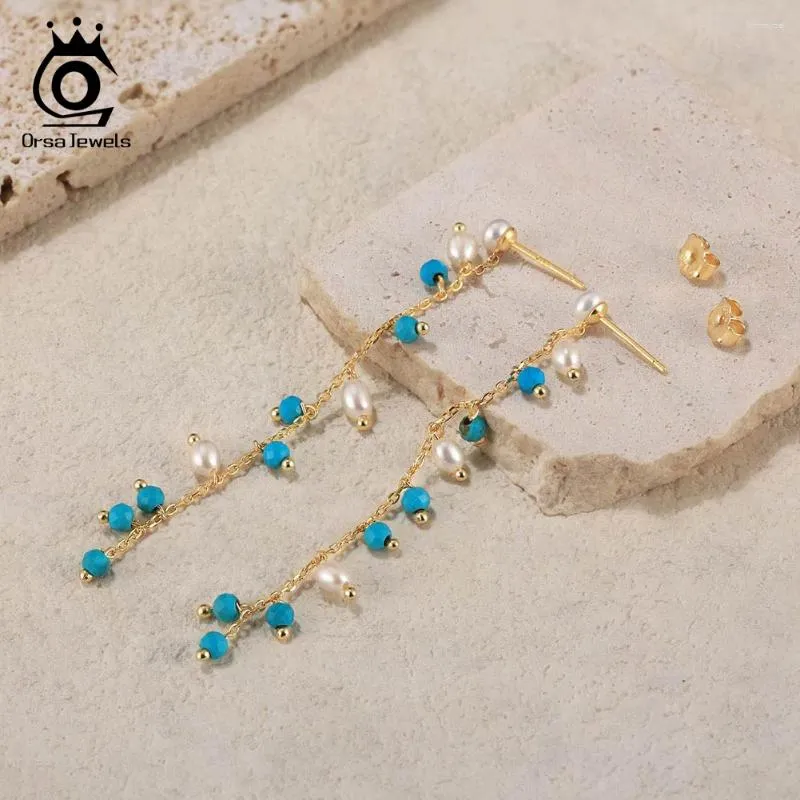 Boucles d'oreilles pendantes ORSA bijoux longues chaînes Turquoise pour femmes 925 en argent Sterling Simple perle boucles d'oreilles bijoux cadeaux MPE03