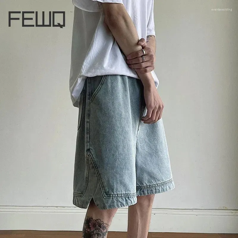 Männer Shorts FEWQ Sommer Split Lose Denim 2024 Koreanische Mode Saum Design Einfarbig Männliche Hosen Casual 24X8502