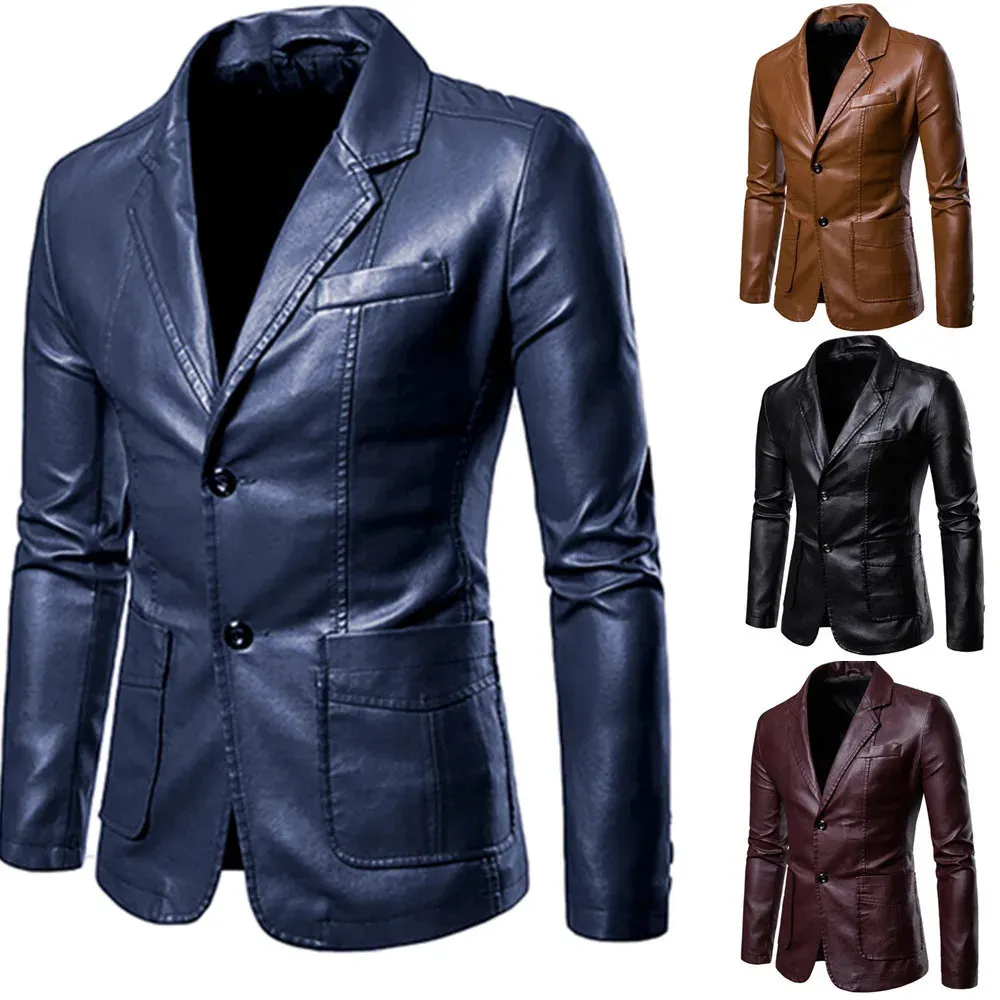 Blazer de couro homem 2024 primavera outono moda masculina jaqueta de couro vestido terno casaco masculino negócios casual plutônio preto blazers jaqueta 240313