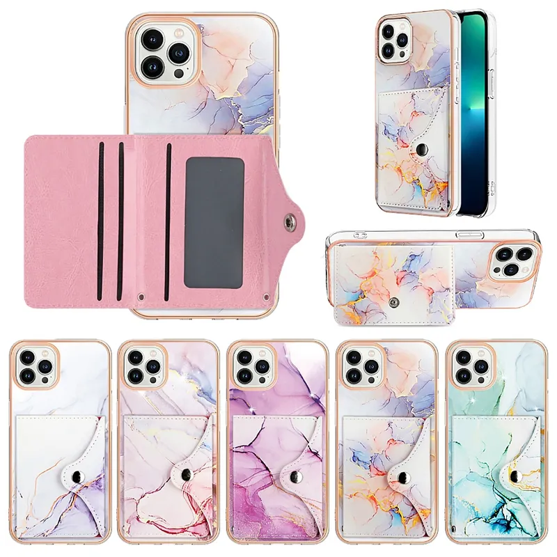 Pack de cartes Étuis chromés en marbre pour iPhone 15 Plus 14 Pro Max 13 12 11 Soft IMD TPU PU Cuir Cartes d'identité Slot Pocket Placage Granite Stone Kickstand Holder Phone Back Cover