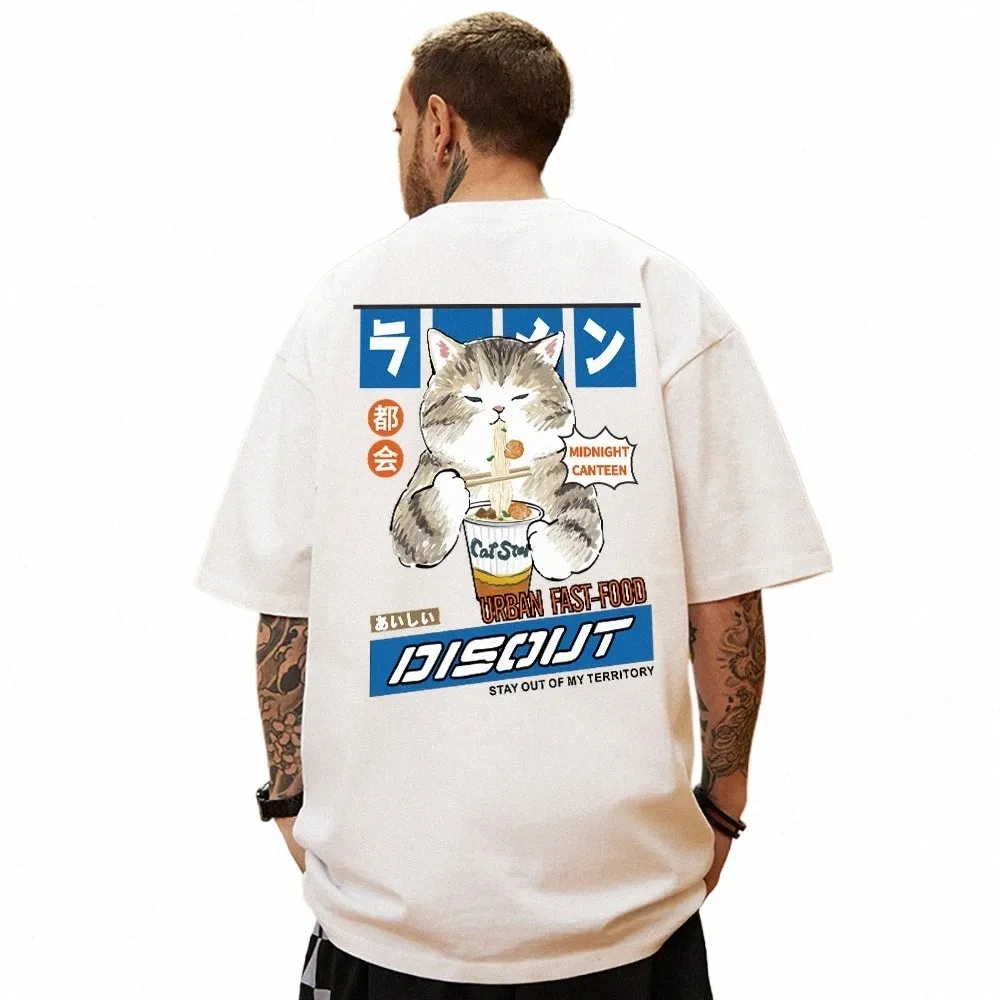 Cat Eats Ramen Midnight Canteen Imprimer Hommes Cott T-shirts Japonais Harajuku Vêtements de sport surdimensionnés All-math Man manches courtes 06Hd #