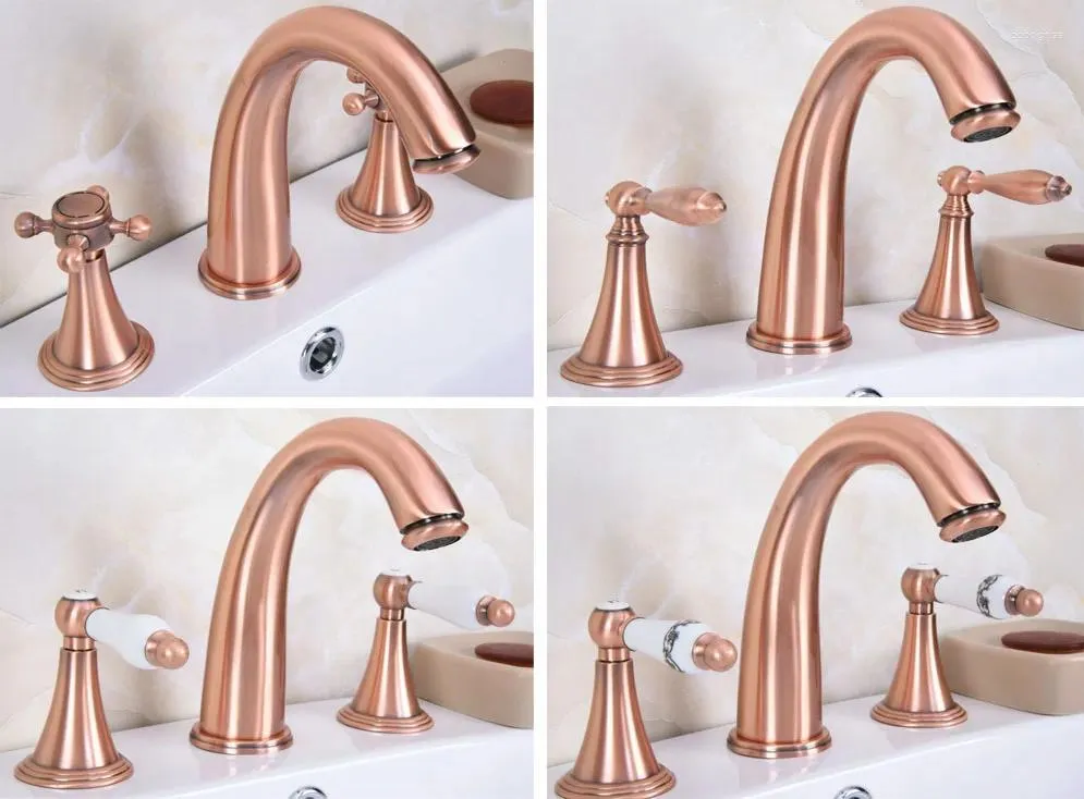 Bathroom Sink Faucets Antique Red Copper Dual Handle Faucet Deck Mounted 3 Install Holes And Cold Water Lavatory Taps