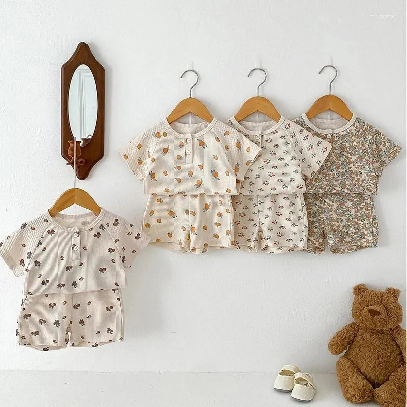 Clothing Sets Korean Version Summer Kids Baby Girls Boys Short Sleeve Waffle Print Top Tees Shorts Pants Infant Cute Pure Cotton Set