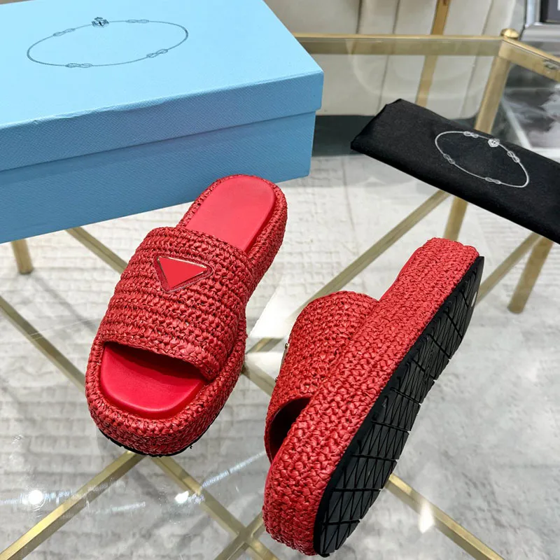 24ss mulheres chinelos plataforma saltos sandálias designer rafia tecido deslizamento em slides clássico azul preto vermelho mulas ao ar livre sapato de praia lazer sapato confortável flip flops