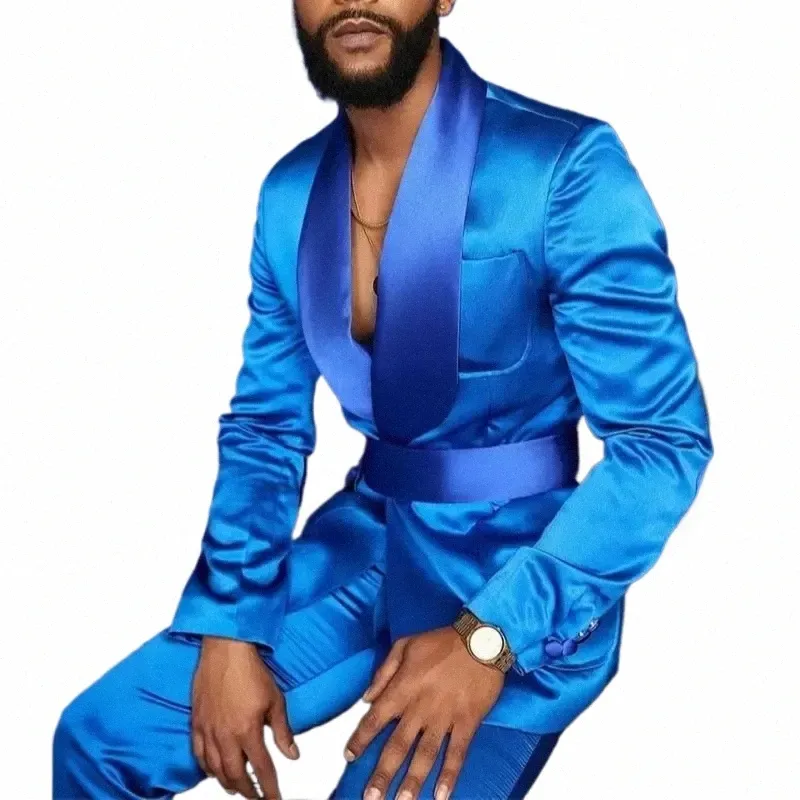 Royal Blue Satin Suit Italian Slim Fit, Shiny Prom Suit, Mens