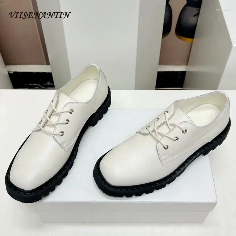 Dress Shoes Female Loafers 2024 Autumn Winter Arrival Cow Leather Lace Up Round Toe Thick Sole Waterproof Fashion Mules