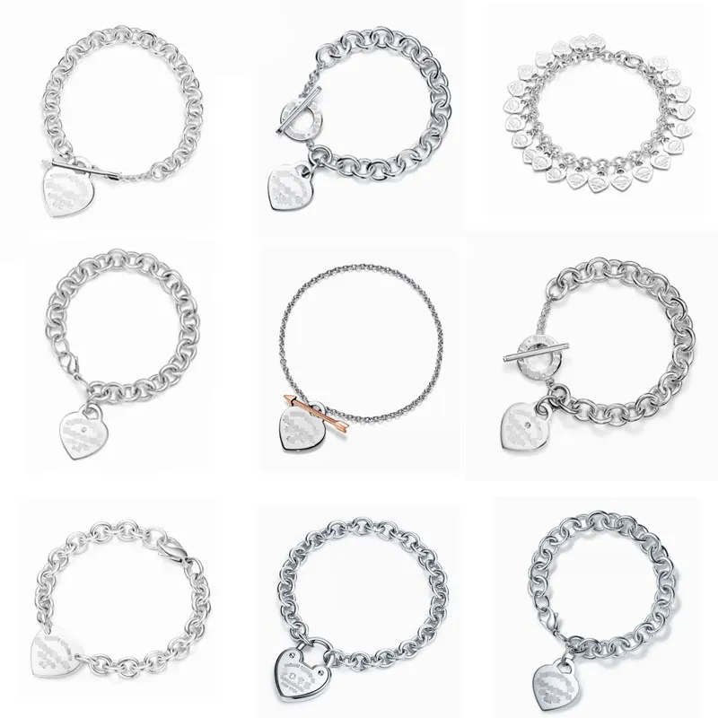 Bijoux coeur de pêche chaîne épaisse Bracelet en argent sterling 925 classique mode argent coeur carte dames avec sac à poussière et boîte