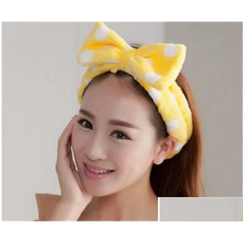 Accesorios para el cabello Mujeres Elástico Coral Veet Big Bow Lunares Rayas Diademas Baño Lavado Cara Maquillaje Banda Belleza Ducha Hairband Head-Wa Dhiqy