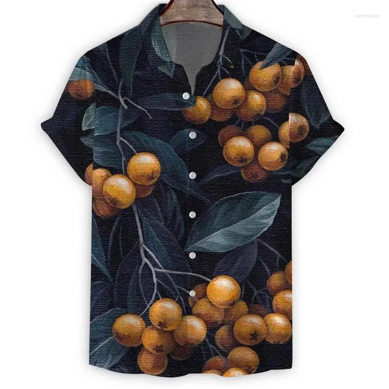 Men's Casual Shirts Lemon Chrysanthemum Mushroom 3d Print Shirt For Men Summer Hawaiian Beach Short Sleeves Tops Lapel Button Aloha Blouse