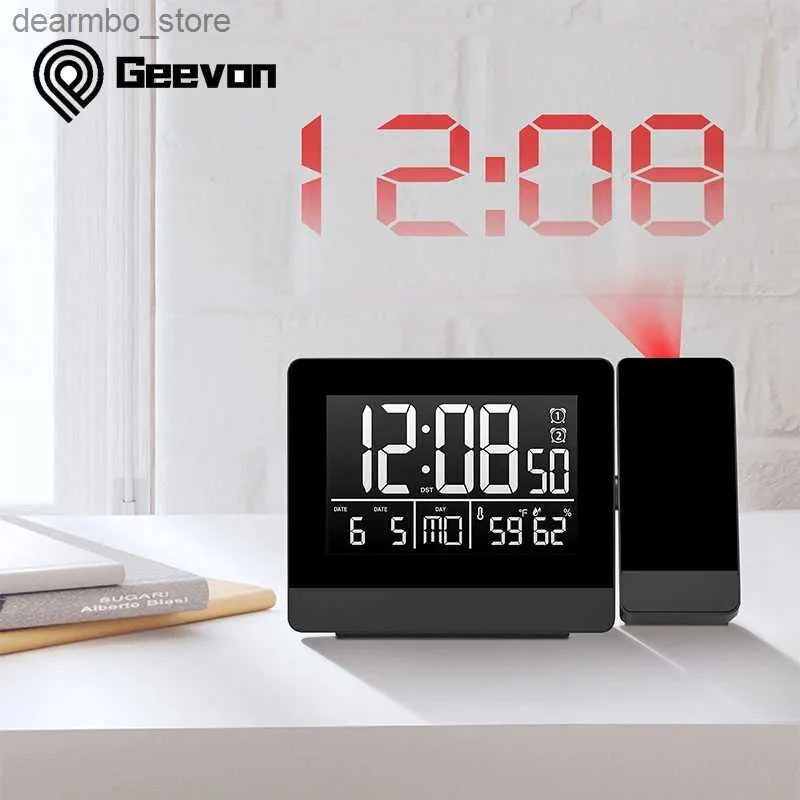 Relógios de mesa de mesa Geevon Relógio de projeção com temperatura e umidade Relógio de mesa USB Digital LED Data Função Snooze Projetor Alarm Clocks24327