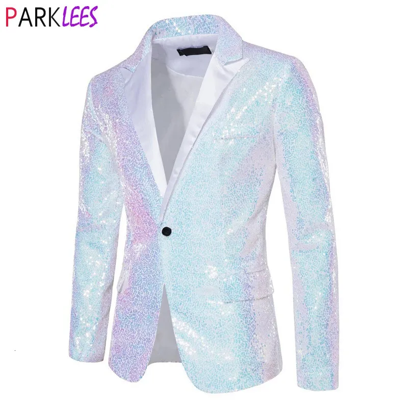 Branco brilhante lantejoulas glitter blazer para homem um botão colarinho smoking jaqueta dos homens casamento noivo festa de formatura palco traje homme 240313