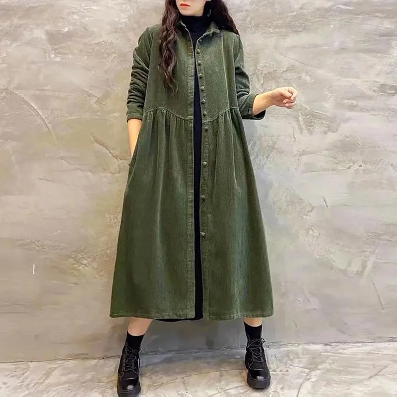 Casual Dresses Herbst Winter Dickes Cordkleid Für Frauen Vintage Solide Lose Langarm Knopfhemd Maxi Strickjacke Tunika Tops