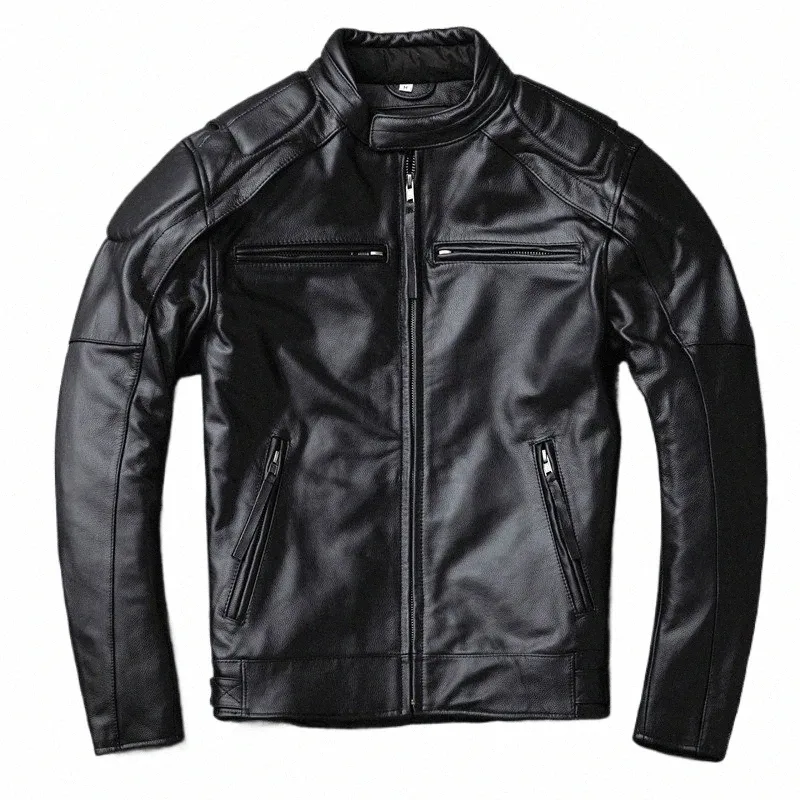 Veste de moto en cuir naturel pour hommes, col montant, veste d'automne courte pour hommes, vêtements de motard en cuir de veau noir, doublure amovible k4Be #