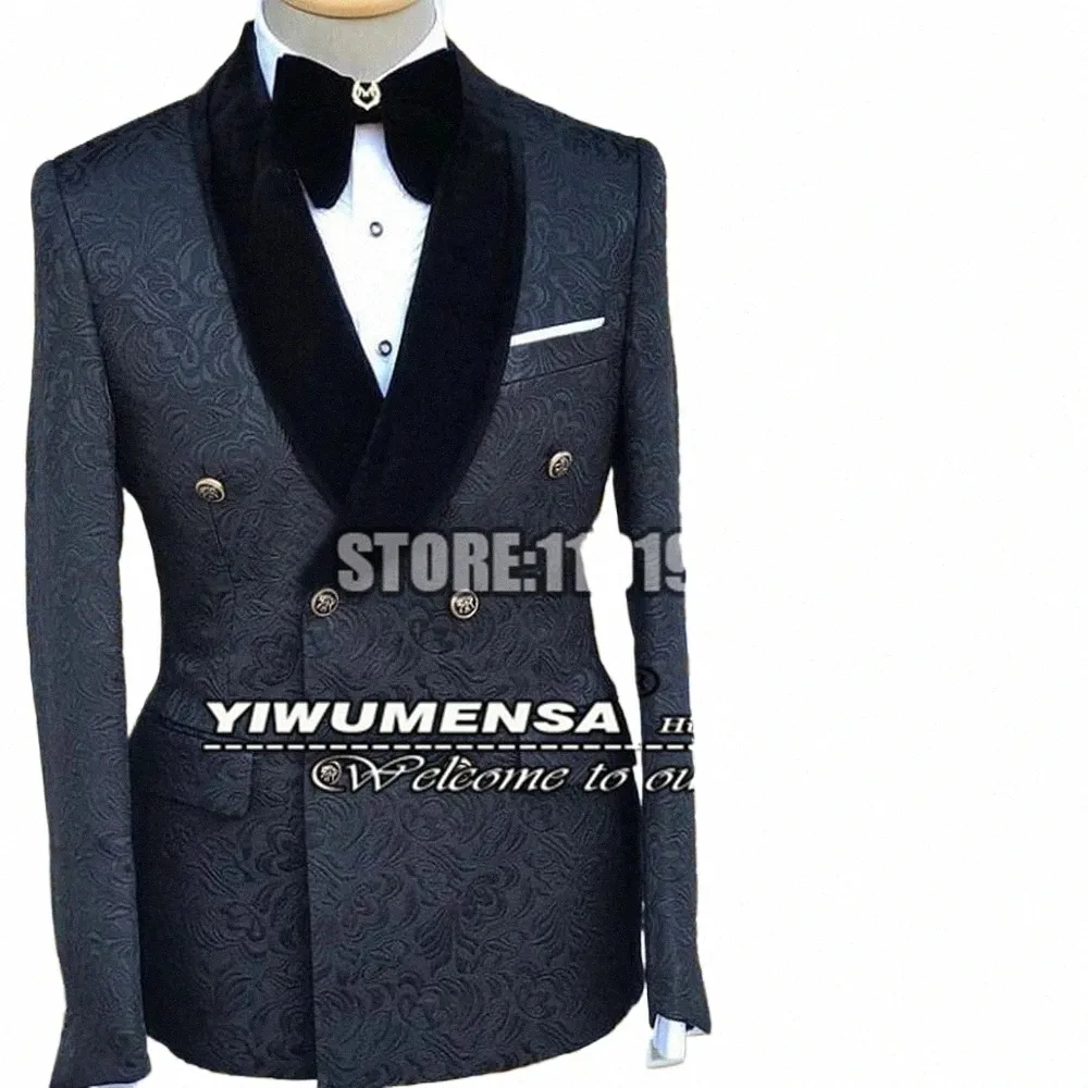 Costumes Jacquard noirs pour hommes Slim Fit Peaked Revers Veet Blazer à double boutonnage Ensemble veste de smoking de mariage + gilet + pantalon 3 pièces 2022 d4kq #