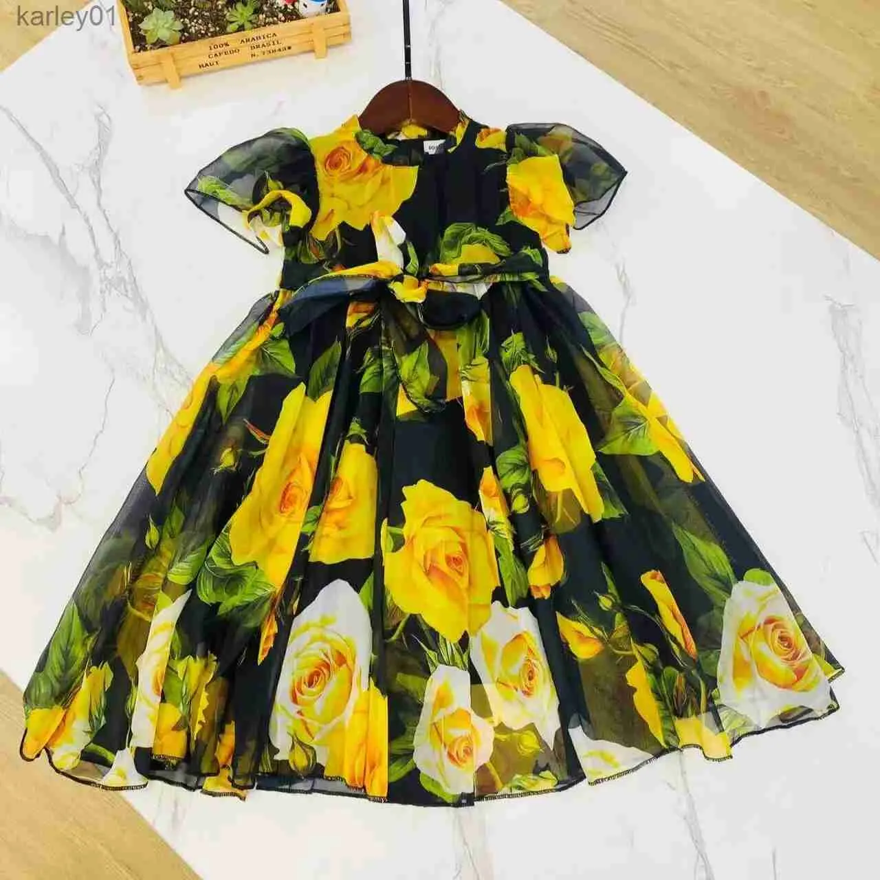 Girl's Dresses 2024 Latest Style wholesale spring New children Flower yellow female simulation silk flower princess dress big girls dress 2-15Y yq240327