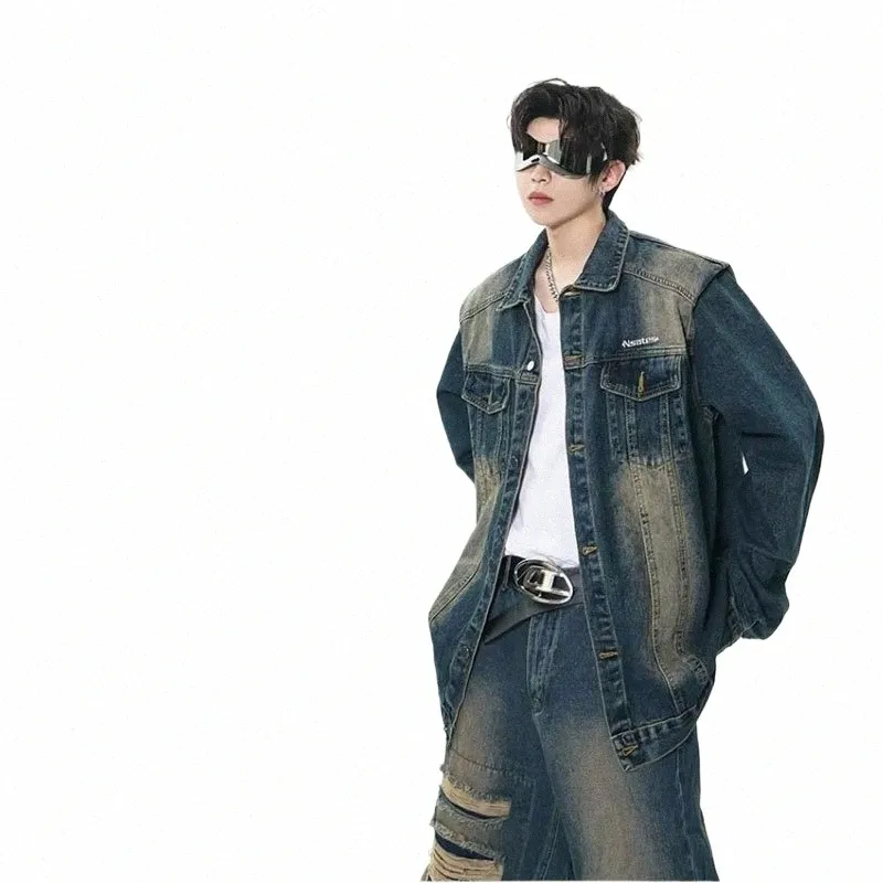 Våren New American Street Mens Denim Jacket Retro Pockets Wed Axel Pad Cowboy Coats Y2K Hip Hop Loose Outwear 2024 8939#