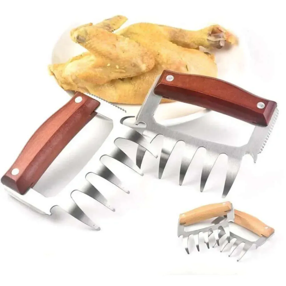 BBQ Meat Claws with Corkscrew Wooden Handle Stainless Steel Meat