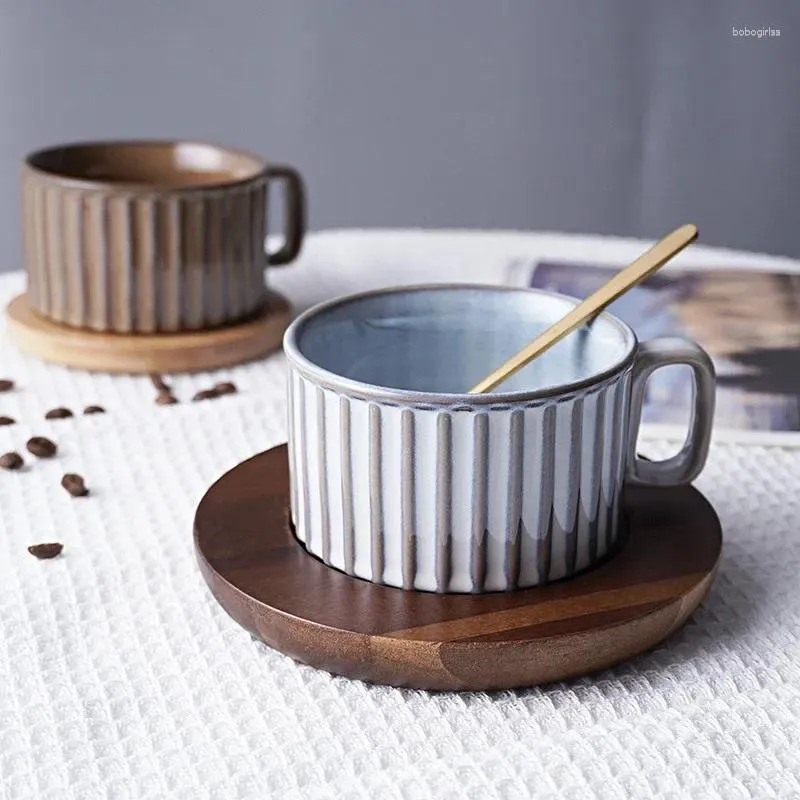 Tazze Piattini Tazza da caffè e piatto in ceramica creativa Colazione da ufficio Latte Acqua Tazza da tè pomeridiano giapponese retrò con cucchiaio di legno