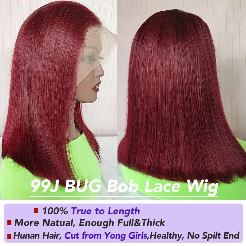 Perruque Bob Lace Front Wig naturelle bordeaux 99J, cheveux courts, 13x4 HD, naissance des cheveux naturelle pre-plucked