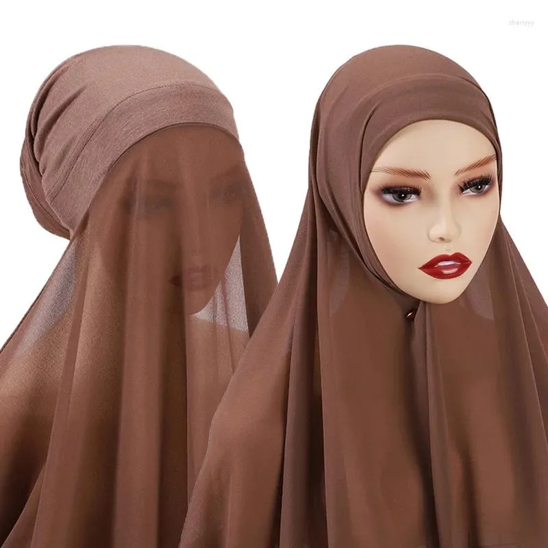 Halsdukar fast färg pärlchiffong sjal hatt set elastisk sömmar muslimska kvinnor hijab headwraps islam kläder inre mössa mode turban