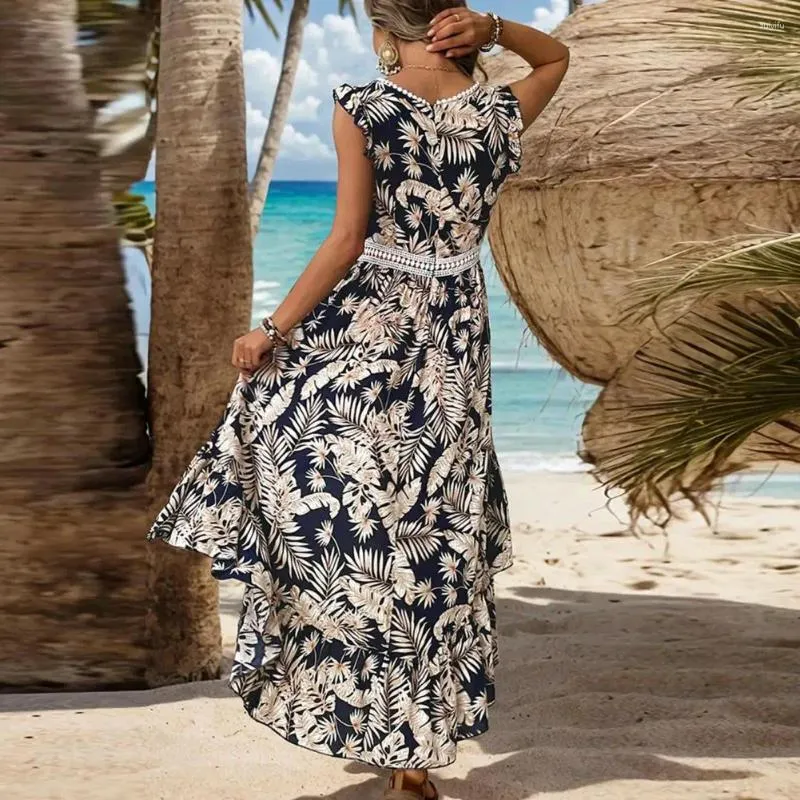 Lässige Kleider, bedrucktes Maxikleid, stilvolles Boho-Blattmuster mit V-Ausschnitt und Reißverschluss hinten für Damen, Sommer-Strandurlaub-Outfit