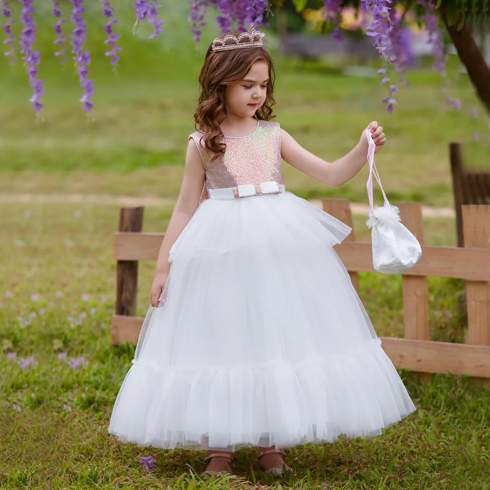 Härlig vit/champagne juvelflickans tävlingsklänningar Flower Girl Dresses Girl's Birthday/Party Dresses Girls Everyday kjolar Kids 'Wear SZ 2-10 D327220