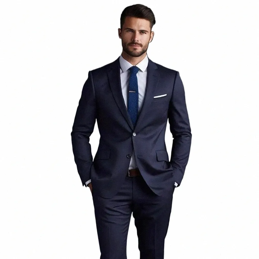 navy Blue Solid Men Suits Fi Notch Lapel Single Breasted 2 Piece Jacket+Pants Busin Casual Office Daily Suit Clothing h1A5#