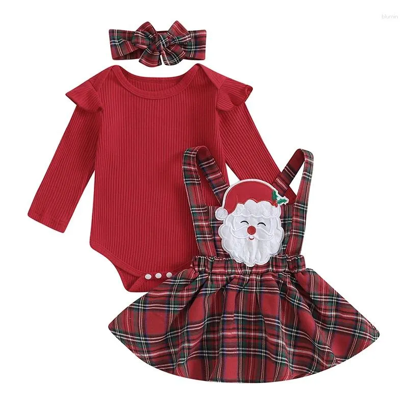 Set di abbigliamento 3 pezzi Completi natalizi per bambina Pagliaccetto a maniche lunghe per neonato Set gonna scozzese con bretelle con fascia