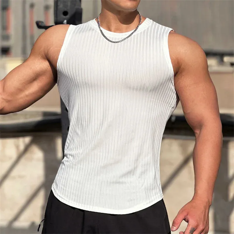 2024 Summer men Vest gym Tank top Men Fitness sleeveless shirt Male Elastic stripe Sports vest Undershirt Gyms men vest 240315