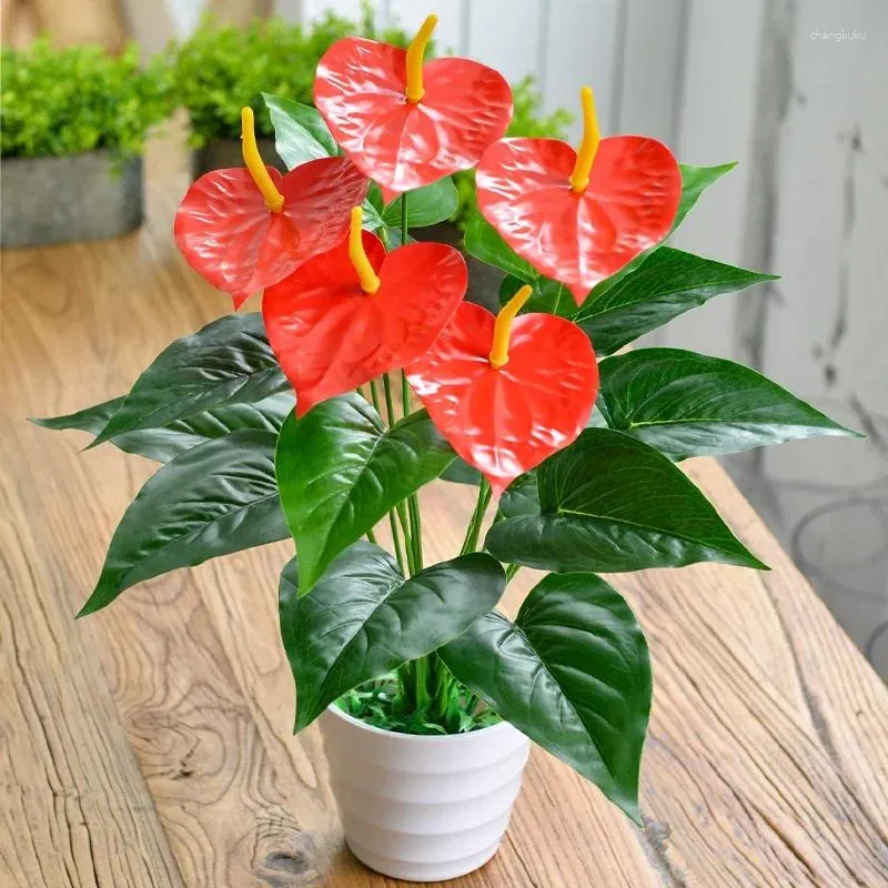 Fleurs décoratives 18 têtes Anthurium artificiel rouge vert plantes en plastique maison jardin salon chambre décoration faux décor