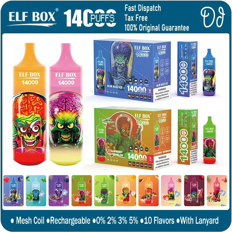 Original Elf Box 14000 Vapes desechables Sistema de pluma Bobina de malla Cigarrillos electrónicos recargables 0% 2% 3% 5% 10 sabores Vapers vs RandM Puff 12K 12000 9000 Puffs