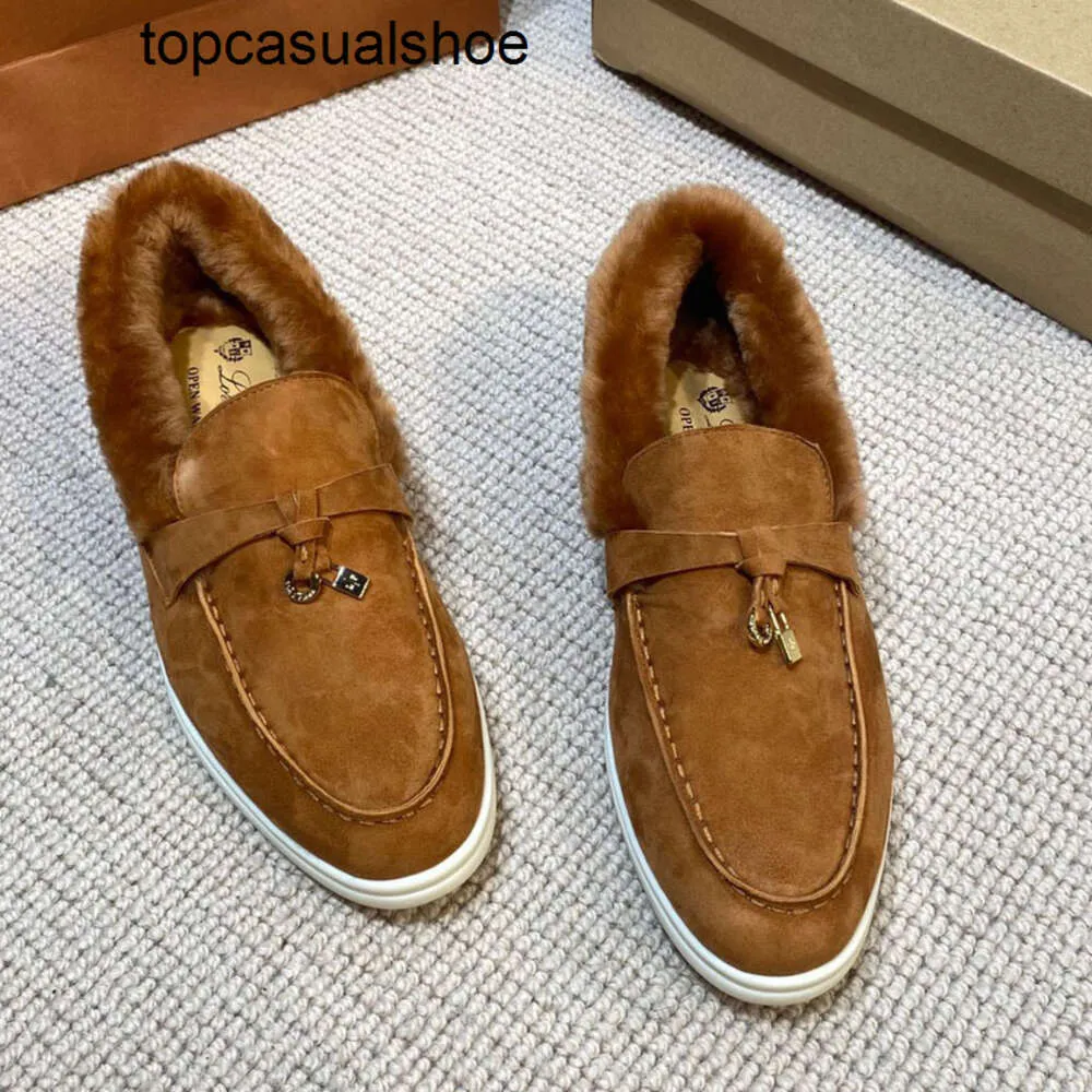 Loro Piano LP Lorospianasl Moccasins Walk Topquality Suede Loafers Winter Charms Shearing Wool äkta läderslip på lägenheter Kvinnor och män lyxiga designers klär co