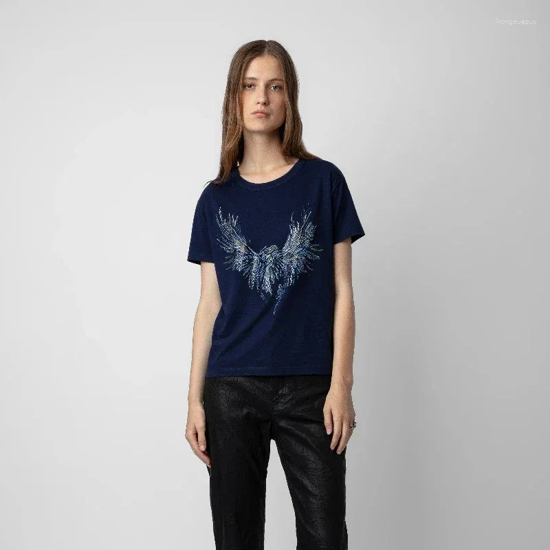 T-shirts pour femmes Printemps et été 2024 Strass décoré Femmes T-shirt Col rond Casual Manches courtes