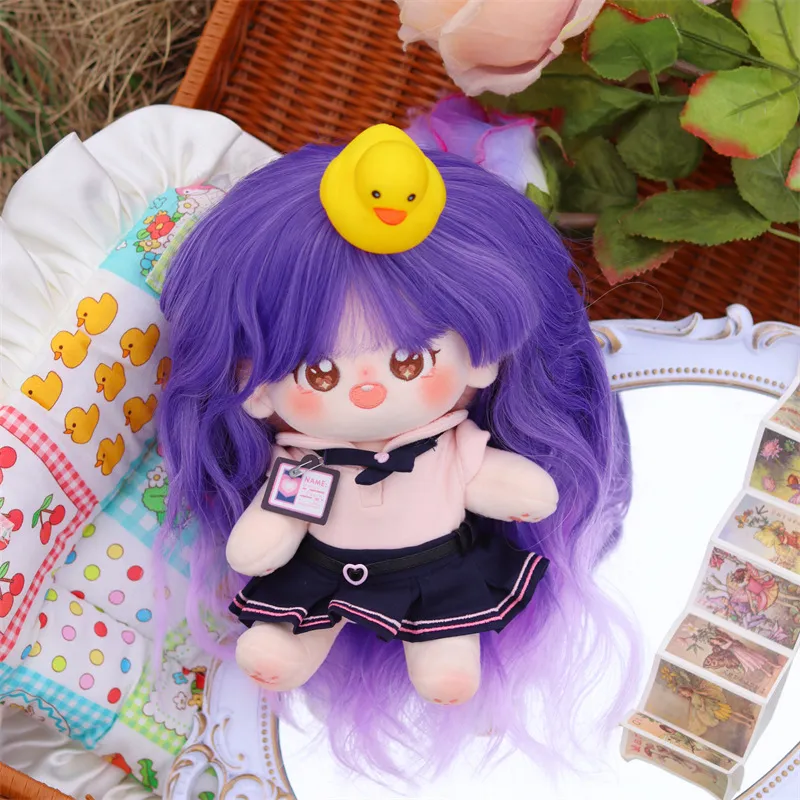 Image réelle de poupée en coton de 20 cm, perruque bouclée violette, perruques haute température, longue couverture de perruque bouclée pour cosplay de cercle de tête de 33 à 36 cm