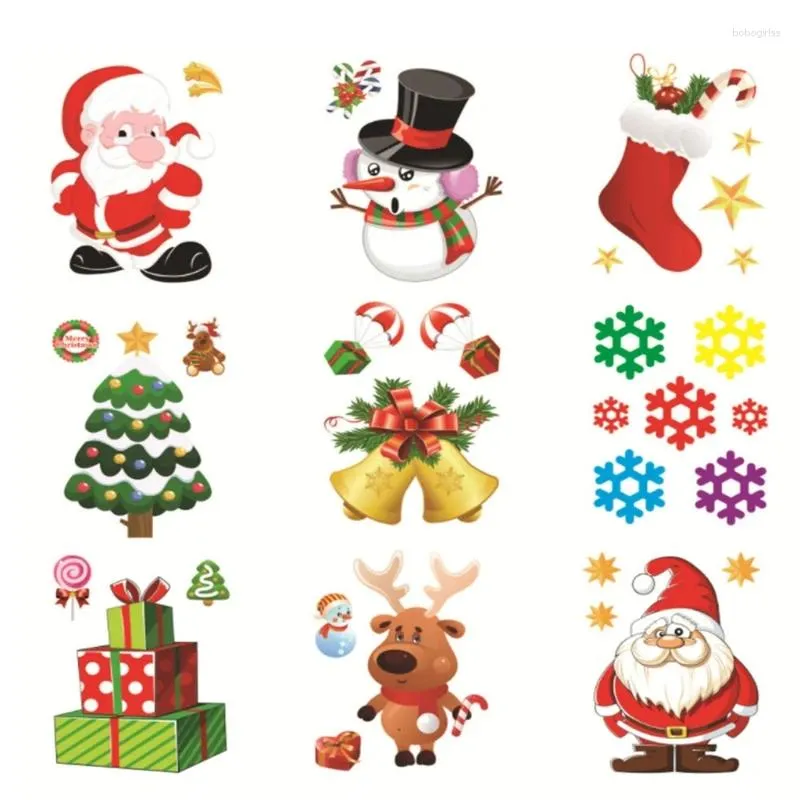 Vetrofanie Natale Cartoon Cling Decal Babbo Natale Pupazzo di neve Fiocco di neve Vetro elettrostatico Parete frigorifero Y5GB