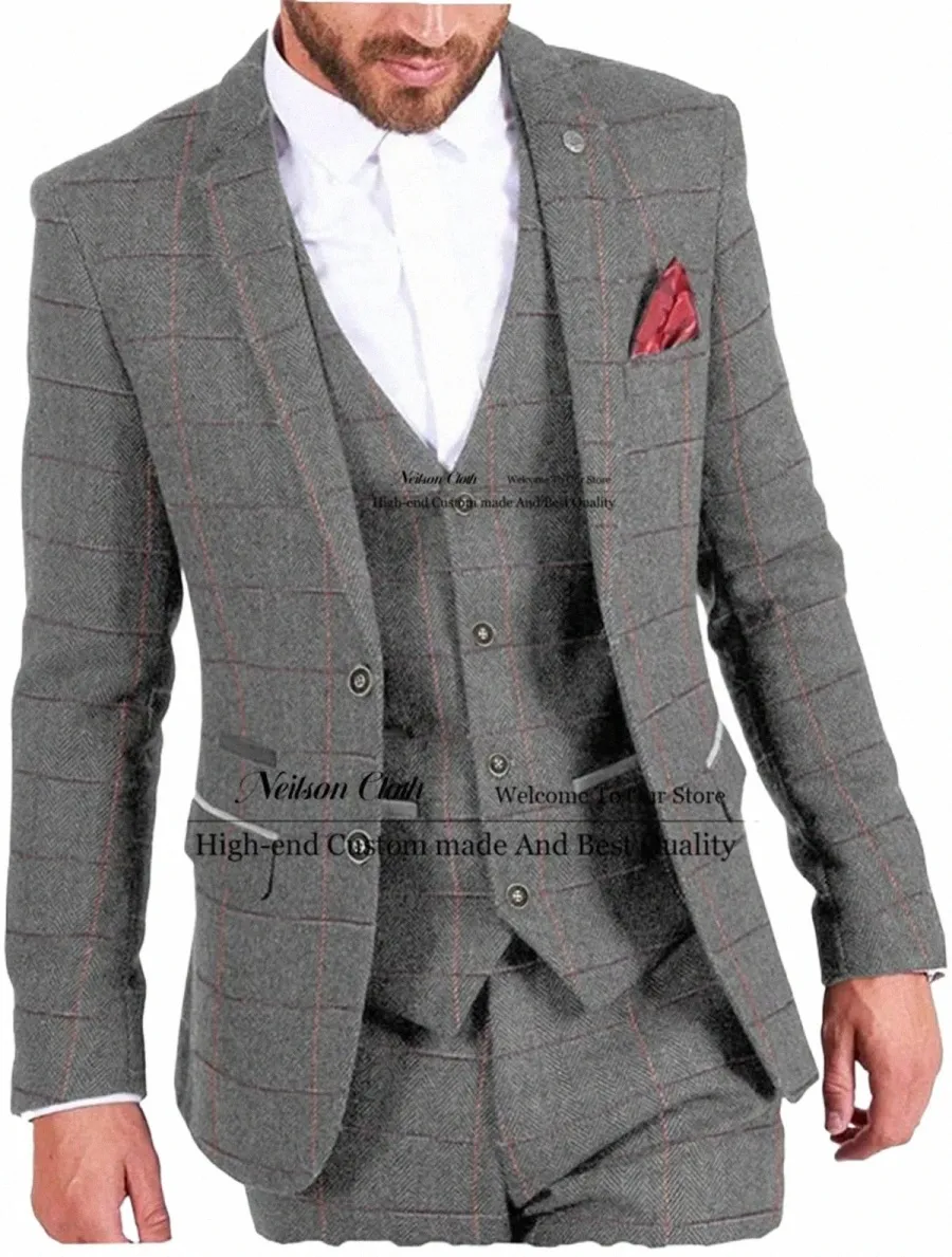 Formale graue Männeranzüge Plaid Tweed Bräutigam Hochzeit Smoking 3 Stück Busin Male Prom Blazer Slim Fit Groomsmen Terno MAsculino 00RY #