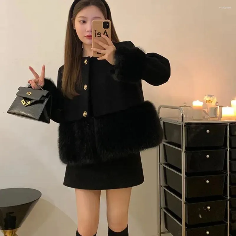 Work Dresses Autumn/Winter Black Faux Wool Spliced Fur Jacket Coat Ladies High Waist Mini Skirt Set For Women 2 Piece Suit Elegant