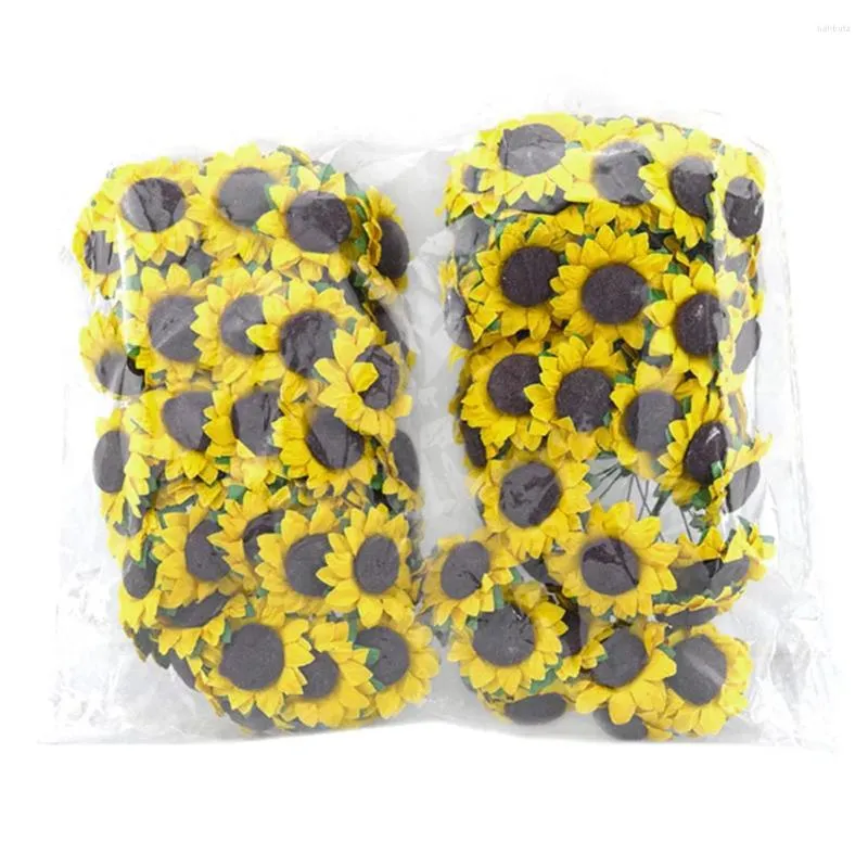 Party Decoration 100pcs Mini Artificial Sunflower Heads Small Fake Silk Sunflowers Faux Yellow Flowers Bulk For Home Wedding Cake DIY