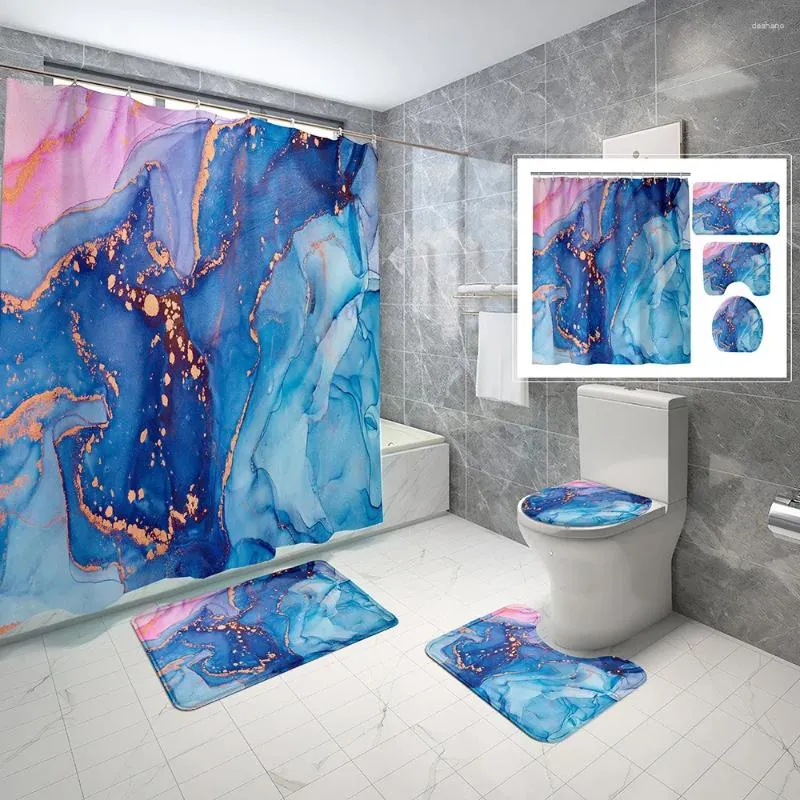 Zasłony prysznicowe niebieskie marmurowe złocone zasłona bez poślizgu mata toaleta w kształcie litery U tekstura prosta kreatywna łazienka