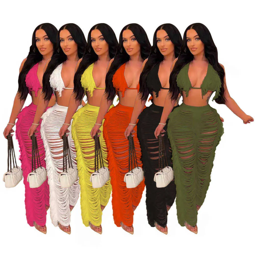 Wholesale 2 Piece Sexy My Boo Set Pants Two Tops Solid Skinny Casual Lady Women Bikini Fringed Knitted Beachwear