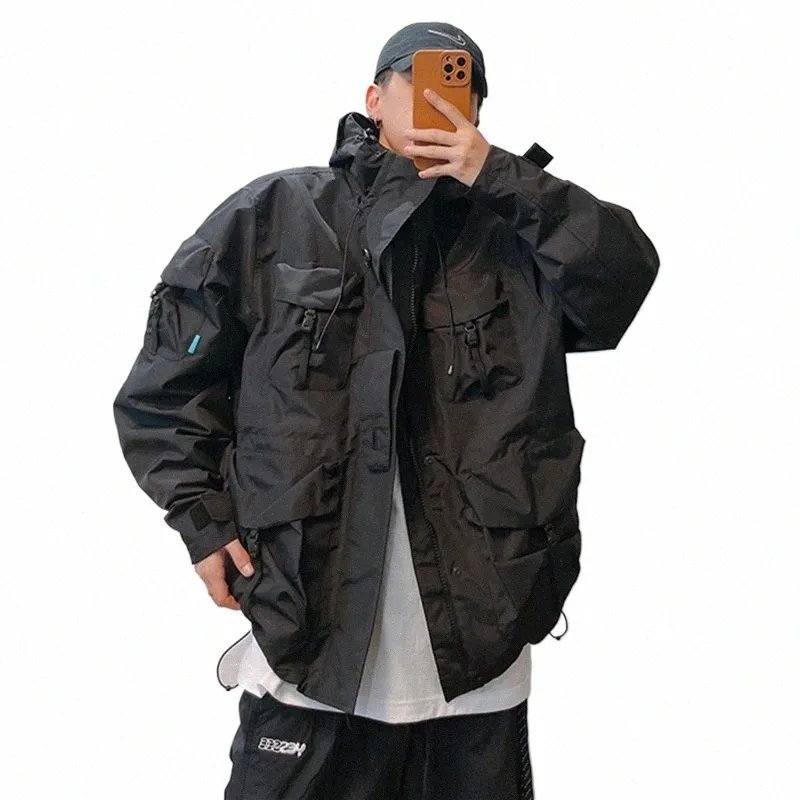 mountain Series Outdoor Multi-Pocket Hooded Cargo Jackets Japanese Streetwear Waterproof Coat Harajuku Casual Tops Men Clothing 72r7#