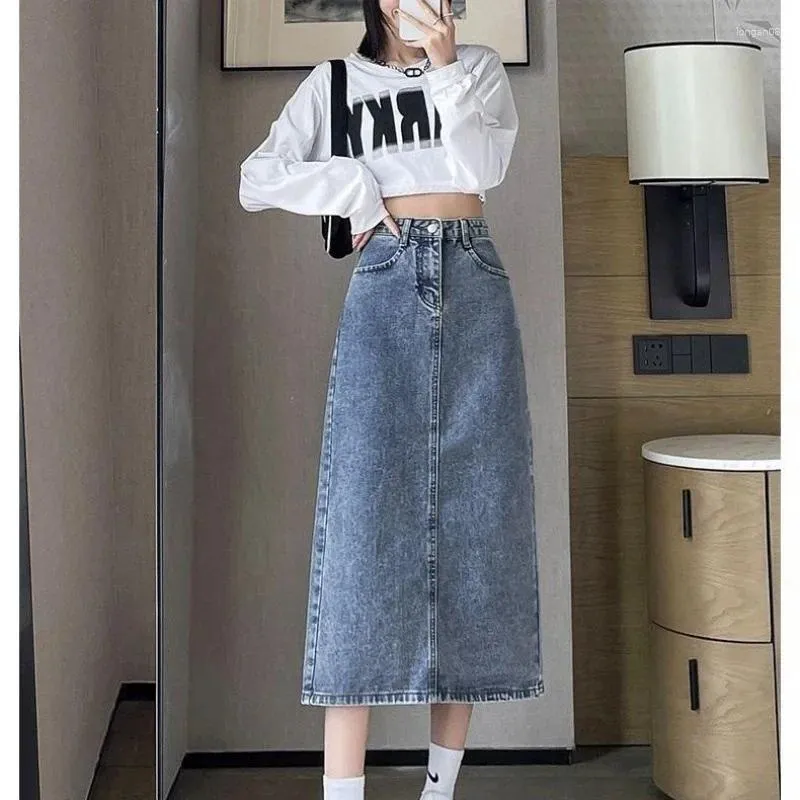 Kjolar mode denim lång kjol y2k vintage hög midja delade midi jeans 2024 sommar kvinnor kläder korea stilfullt