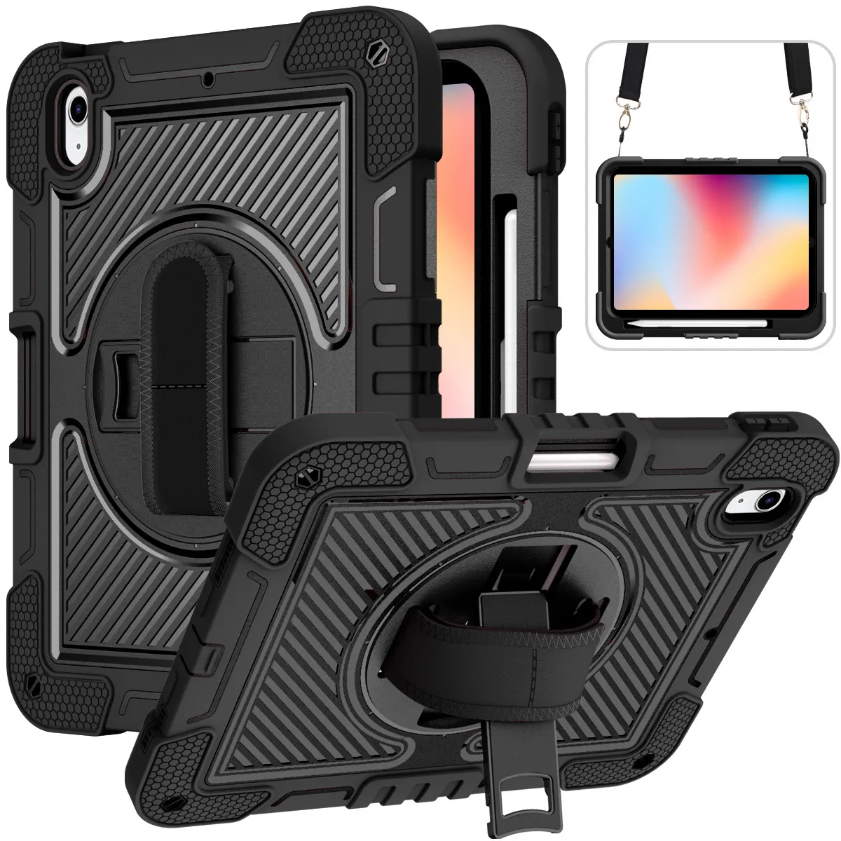 Tungt handtag Grip Stand Strap Tablet Case för iPad 10.9 9.7 10.2 tum Pro 11 mini 6 5 4 Samsung Galaxy Tab A9 Plus S9 Fe S8 Plus A8 A7 S6 Lite Rotation Kickstand Cover Cover