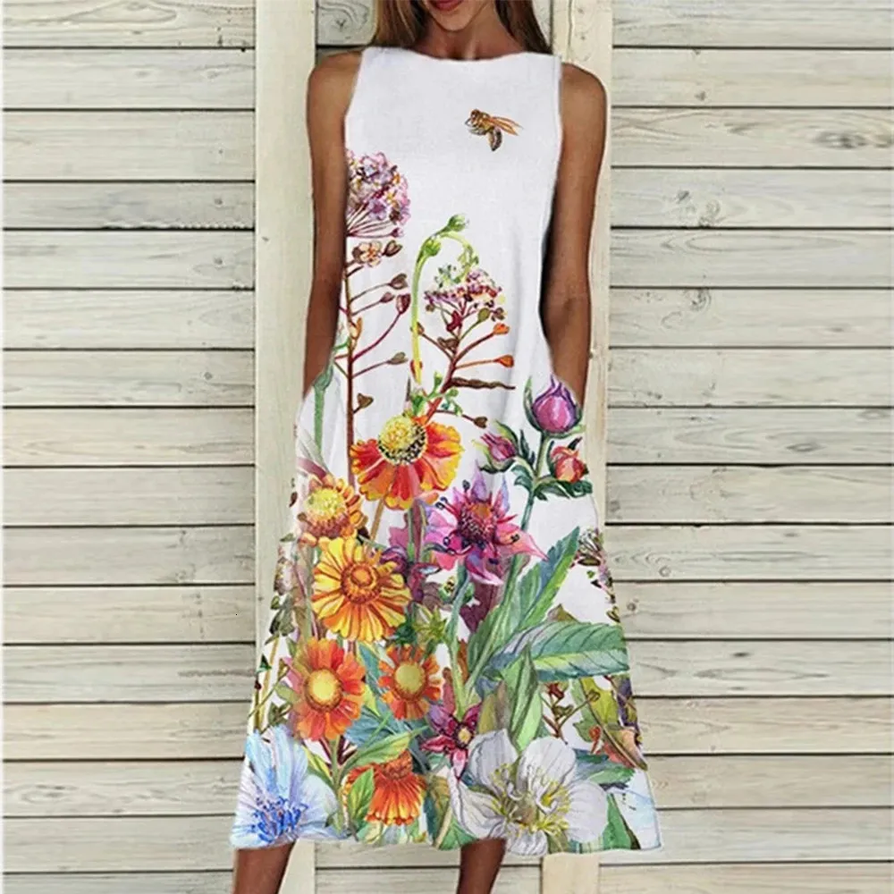 Zomer Oneck Bloemenprint Lange Dres Casual Knielengte Mouwloos Vest Rok Dame Elegante Losse Feestjurk 5Xl 240322