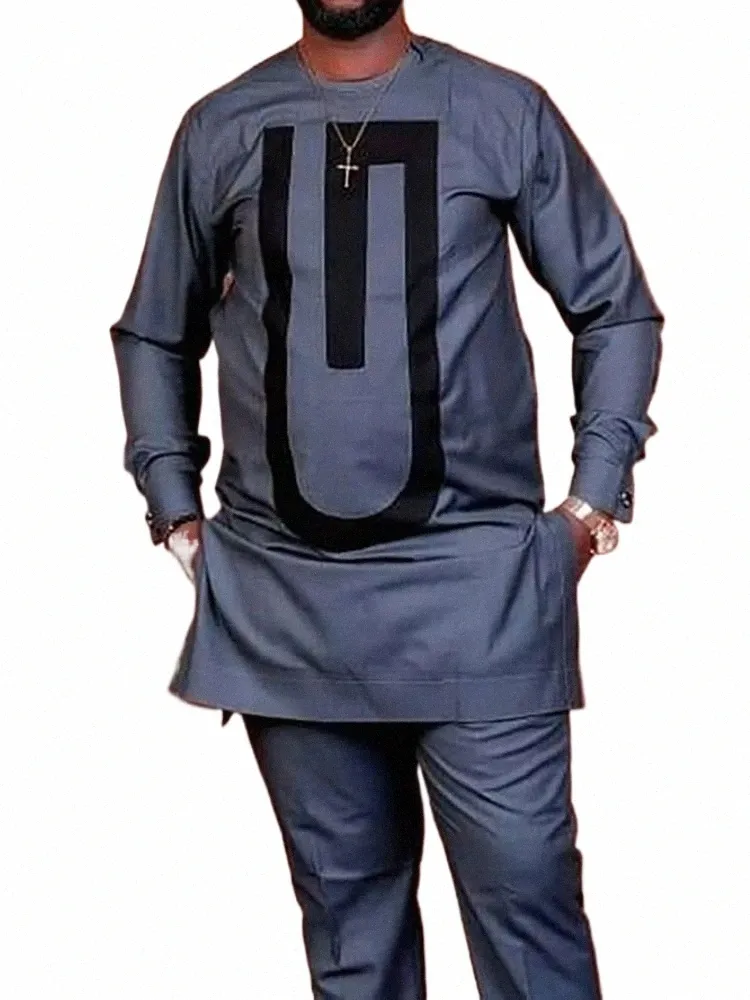 Kaftan Elegant African Men'sセット2ピース衣装LGスリーブエスニックトップスとパンツウェディングプロムディキプリントフルラグジュアリー65RM＃