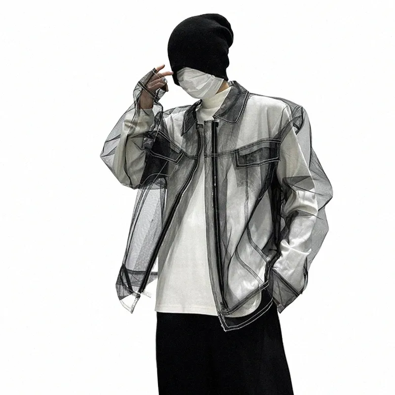 pfhq Haute Qualité Mesh Transparent Crème Solaire Vêtements Persality Street Wear 2023 Nouvelles Vestes Pour Hommes Élégants Manteau À La Mode Design Q0cf #