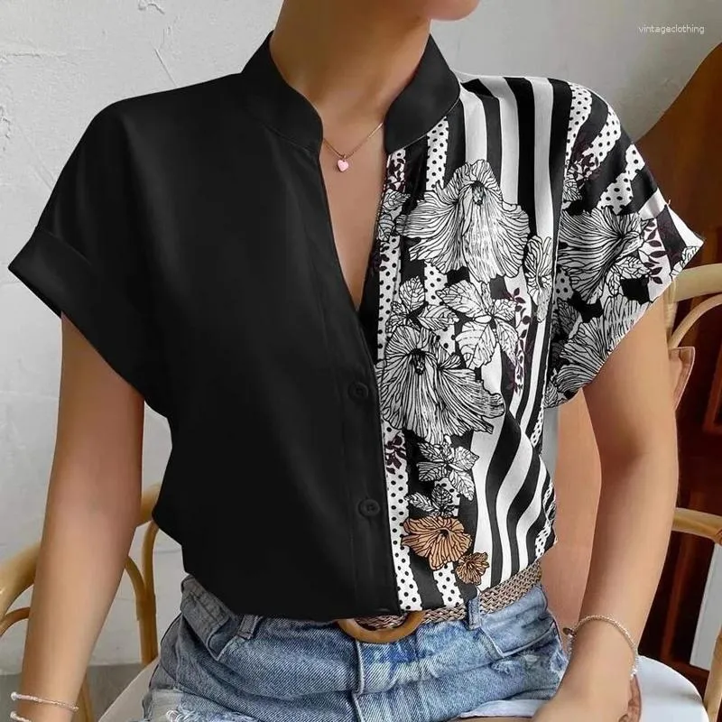 Women's Blouses Casual Stand-up Collar Short Sleeve Blouse Women Summer Double-contrast Floral Print Shirt Fashion Loose Button Tops 25037